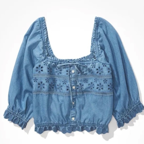 NWOT AE Lace Puff-Sleeve Chambray Cropped Blouse - Small - Picture 1 of 11